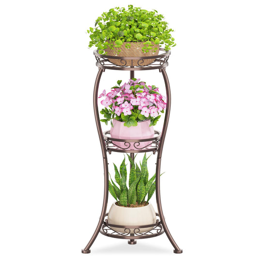 KMOTASUO 3 Tier Tall Plant Stand Indoor Outdoor for Large Planter, Multiple Level Flower Holder Organizer Rack for Patio Office Bathroom Corner, Sturdy Heavy Duty Metal, Vertical Display, Bronze