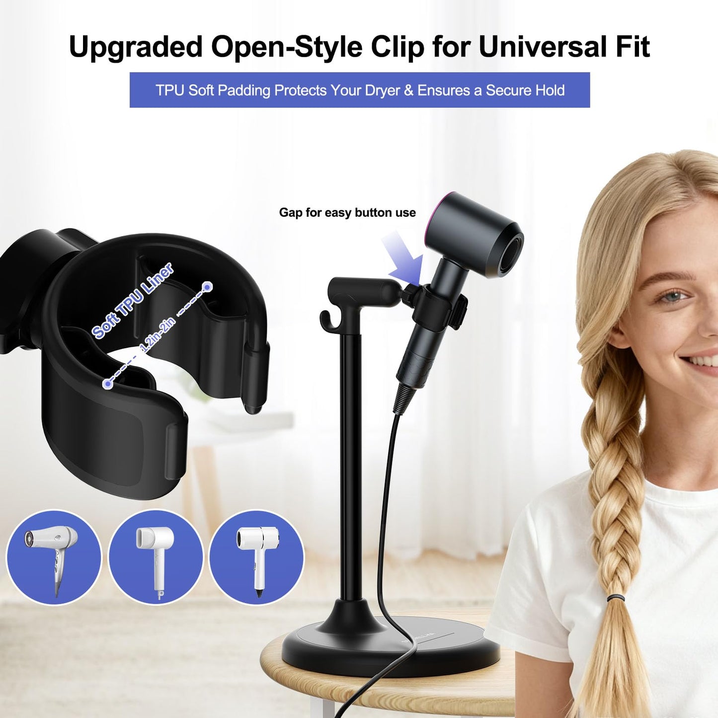 SENWELL-KA Hair Dryer Stand with 360 Rotating Head, Hands Free, Large Hook,Heavy Duty Base, Adjustable Height, TPU Padded Clip, Aluminum Alloy Holder for Home or Salon (Black)