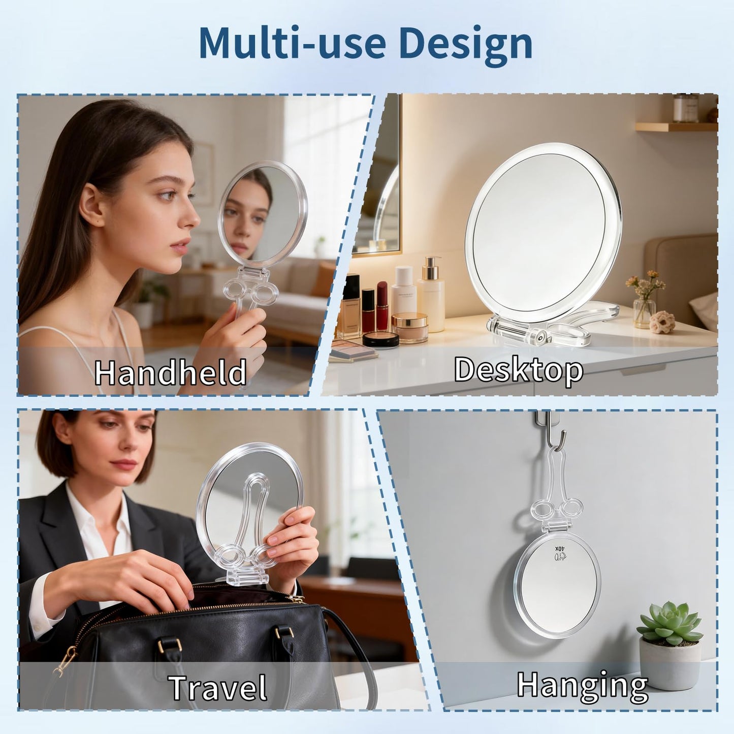 AMISCE Magnifying Hand Mirrors with Handle - Double Sided Handheld Mirror with 1X 40X Magnification, Portable Travel Folding Hand Held Mirror, Pedestal Makeup Vanity Mirror