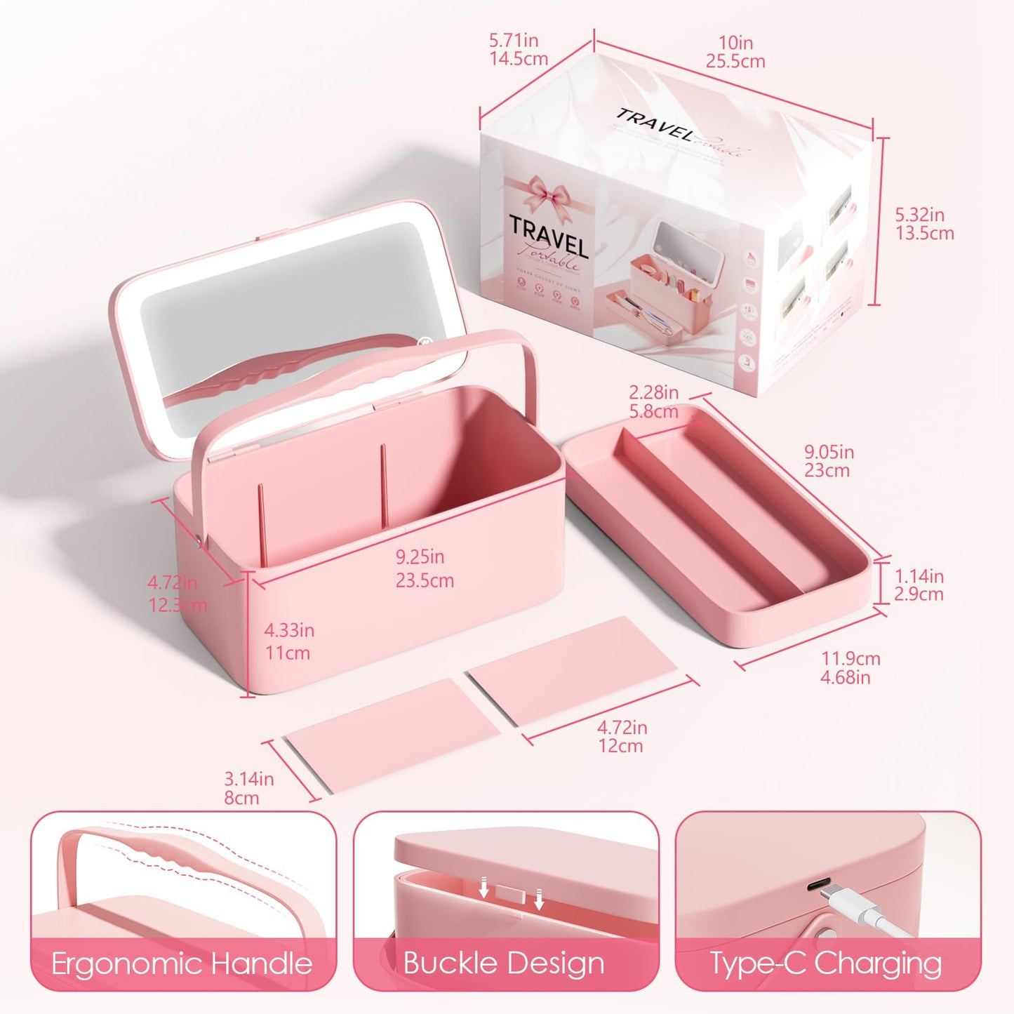 Bdjso Makeup Case with Mirror and Light - Portable Cosmetic Box Rechargeable with 3 Color Mode and DIY Partitions for Women Girls (Pink B)