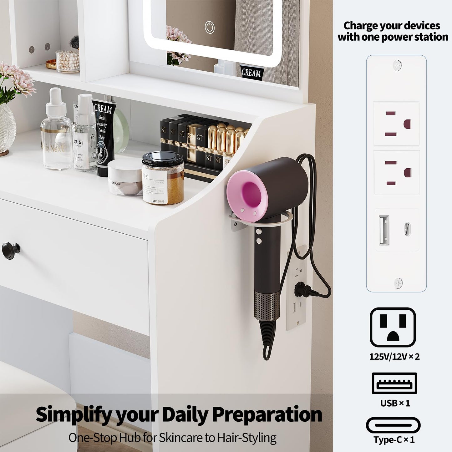 DUMOS Makeup Vanity Desk with Mirror and Lights, Small Vanity with Storage Bench, Charging Station and Hair Dryer Holder, Dressing Table with Drawer and Three Shelves, White