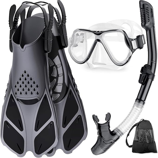 Zenoplige Mask Fins Snorkel Set, Snorkeling Gear for Adults, Panoramic View Snorkel Mask Anti-Fog, Adjustable Dive Flippers, Dry Top Snorkel and Travel Bag, Scuba Gear for Swimming Snorkeling Diving