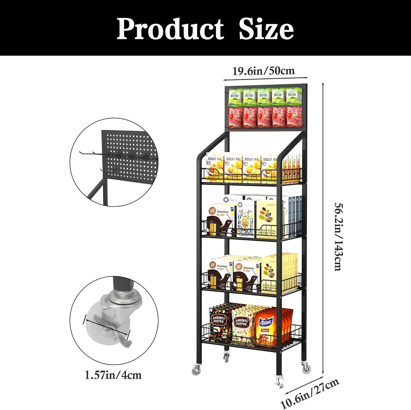 Qriocioa Retail Snack Display Rack 4-Tier Metal Candy Display Merchandise Rack Retail Chip Cart Candy Potato Display Shelves with Wheels & Hooks Snack Shelf for Supermarket and Home Kitchen, Black