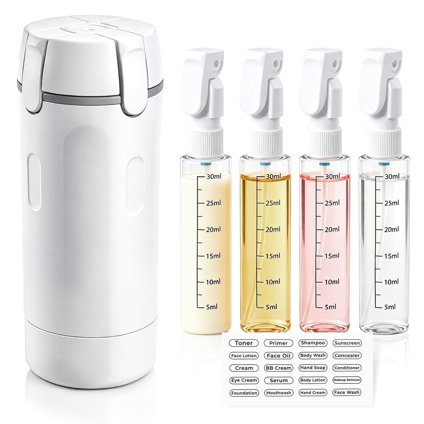 4 in 1 Travel Dispenser Bottle, 4 Pack 30ML Travel Bottles for Toiletries, Leak Proof Refillable Toiletry Containers Portable for Travel, Camping and Gym (White)