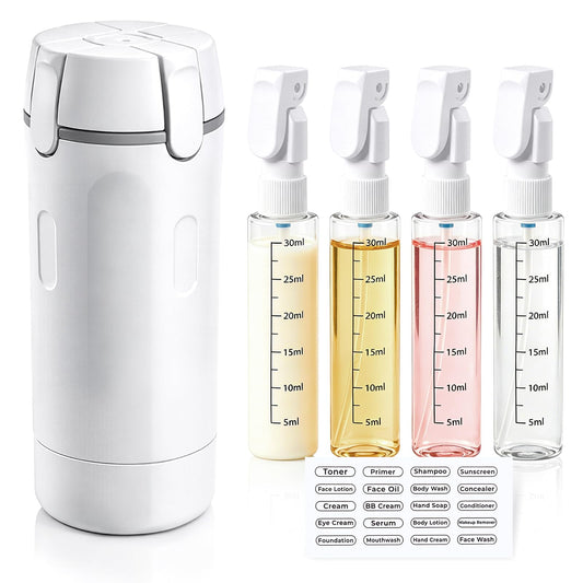 4 in 1 Travel Dispenser Bottle, 4 Pack 30ML Travel Bottles for Toiletries, Leak Proof Refillable Toiletry Containers Portable for Travel, Camping and Gym (White)