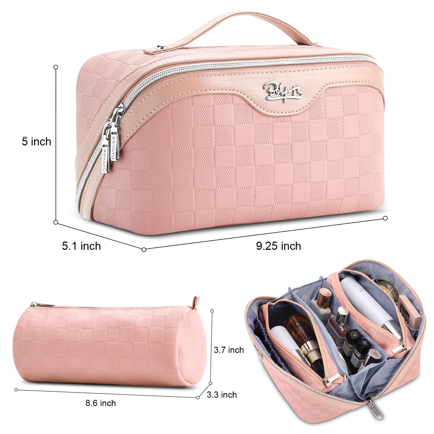 BOYATU Travel Makeup Bags for Women: Sweet Pink Checkered Large Capacity Cosmetic Bag - You Deserve a Little Sweetness Every Day - 3 Pcs Toiletry Organizer Holds 10-20 Full-Size 50-100ML Bottles