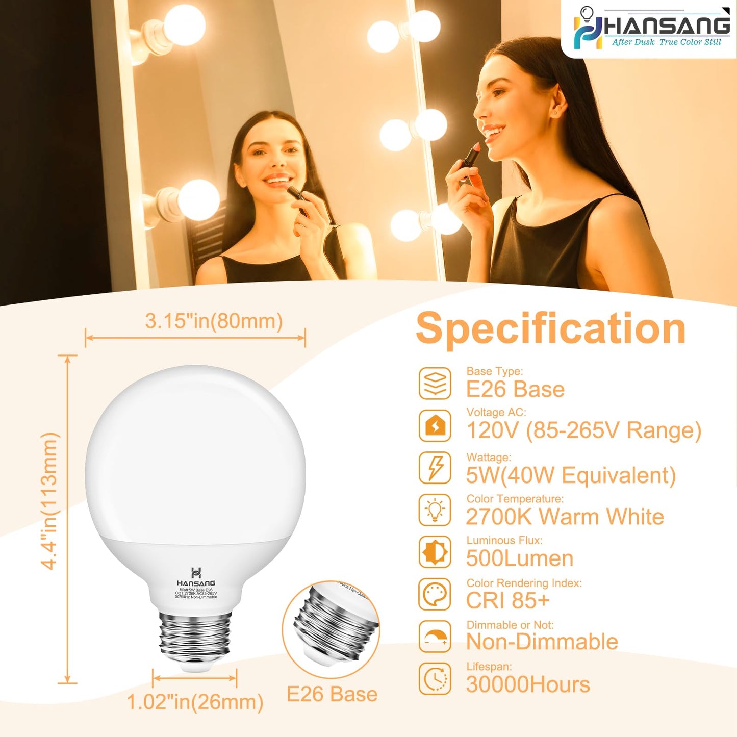hansang 8 Pack Vanity Light Bulbs for Bathroom, 2700K Warm White E26 Base Round LED Globe Bulb, 40W Equivalent, G25 Vanity Light Bulb for Makeup Mirror Bedroom 120V, CRI85+, 500LM, Non-dimmable