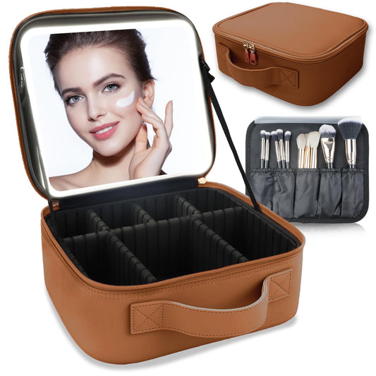 SUILU Makeup Bag with Led Mirror,with 3 Color Setting,Portable Storage and Adjustable Dividers Travel Makeup Bag, for Women and Makeup Artists Large Vanity Makeup Cases-Caramel