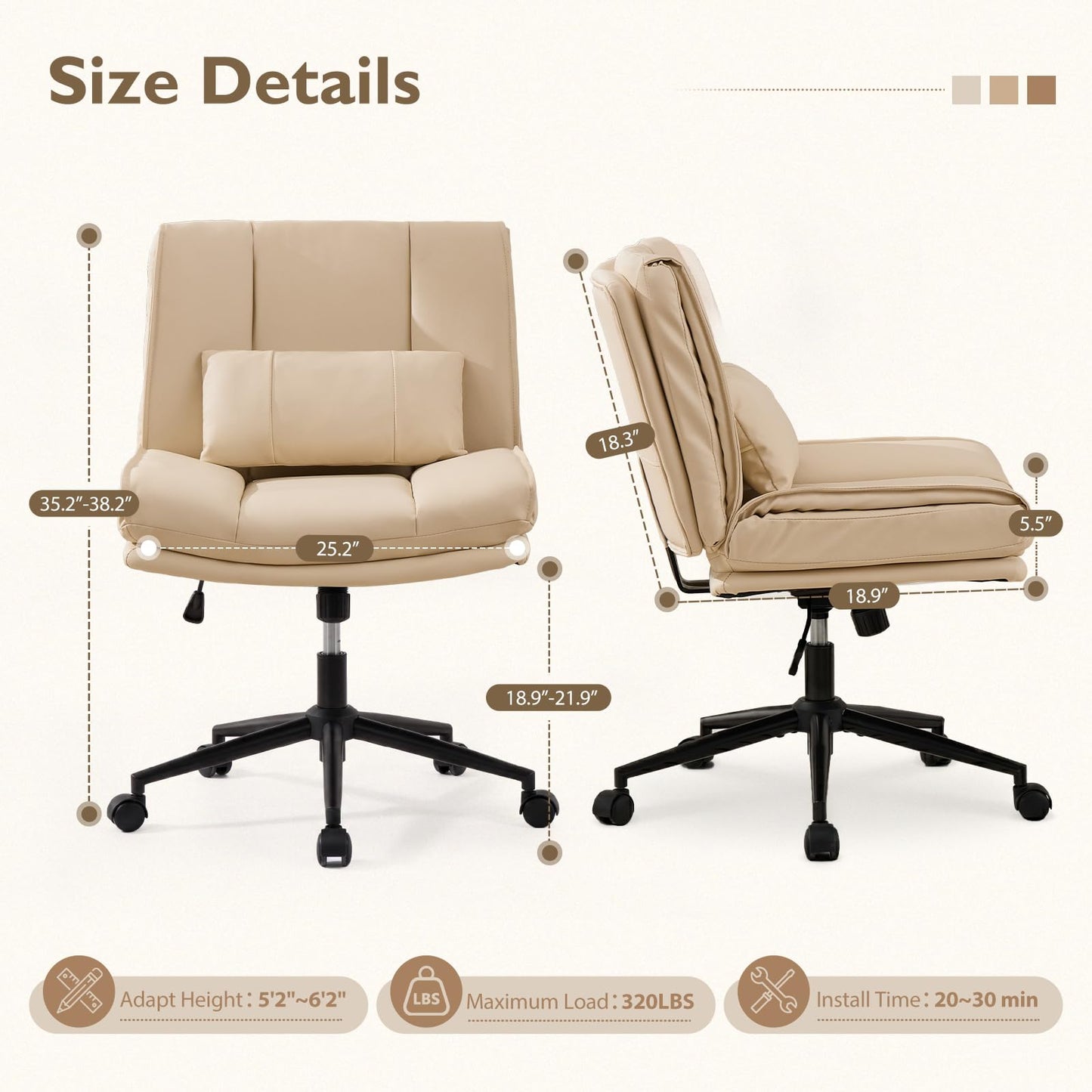 BIAOZHIKE Armless Criss Cross Office Chair with Wheels,PU Leather Beige