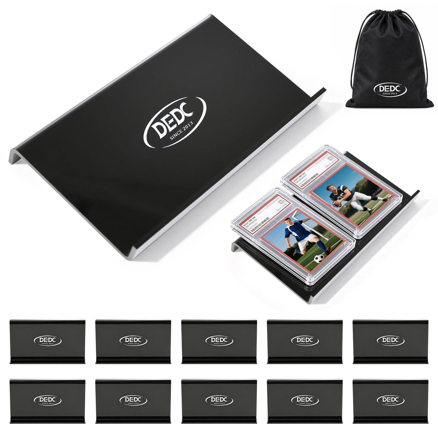 DEDC 10 Pack Modular Acrylic Graded Card Display Risers Black Trading Card Stands for Vendor Showcase and Sorting Tray