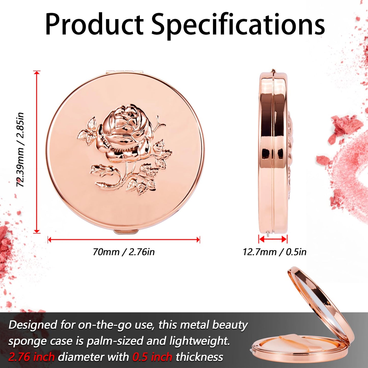 Fashion Creative Luxury Metal Beauty Sponge Case, Rose Gold Pattern, 7 cm Compact Mirror Case with Puff, Travel Makeup Powder Holder (Rose)