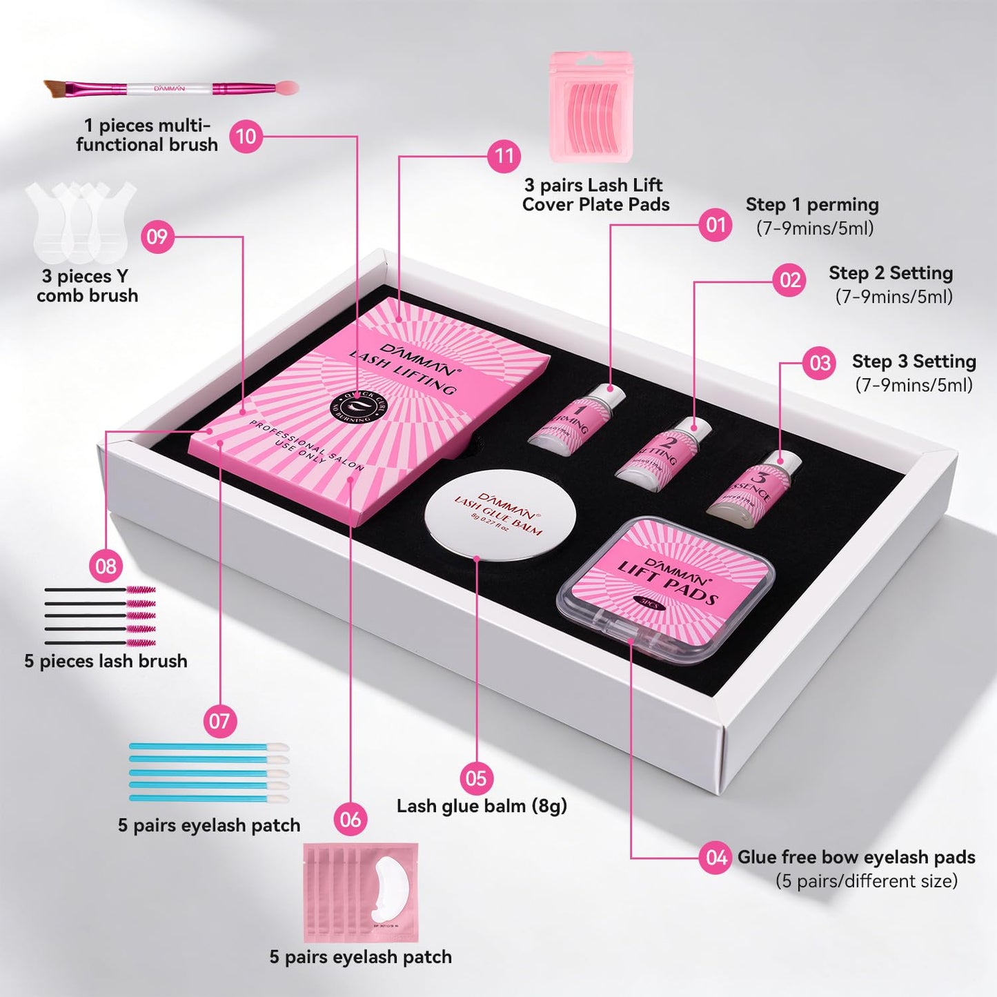 DAMMAN Lash Lifting Kit for Salon & Home Use, 7-9 Mins Professional Eyelash Perm Kit, Long Lasting 6-8 Weeks, Low Odor & Low Irritation, Natural Look Semi-Permanent Eyelash Lamination Kit