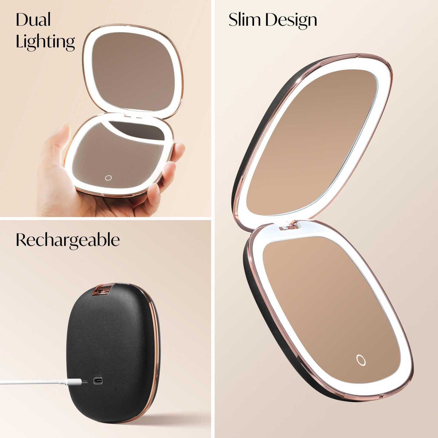 Fancii Mila 2 Compact Magnifying Makeup Mirror with LED Light, Rechargeable, 10x /1x Magnification, Tru-Glow Lighting System, Vegan Leather, Small Travel Mirror for Purses (Midnight Majesty)