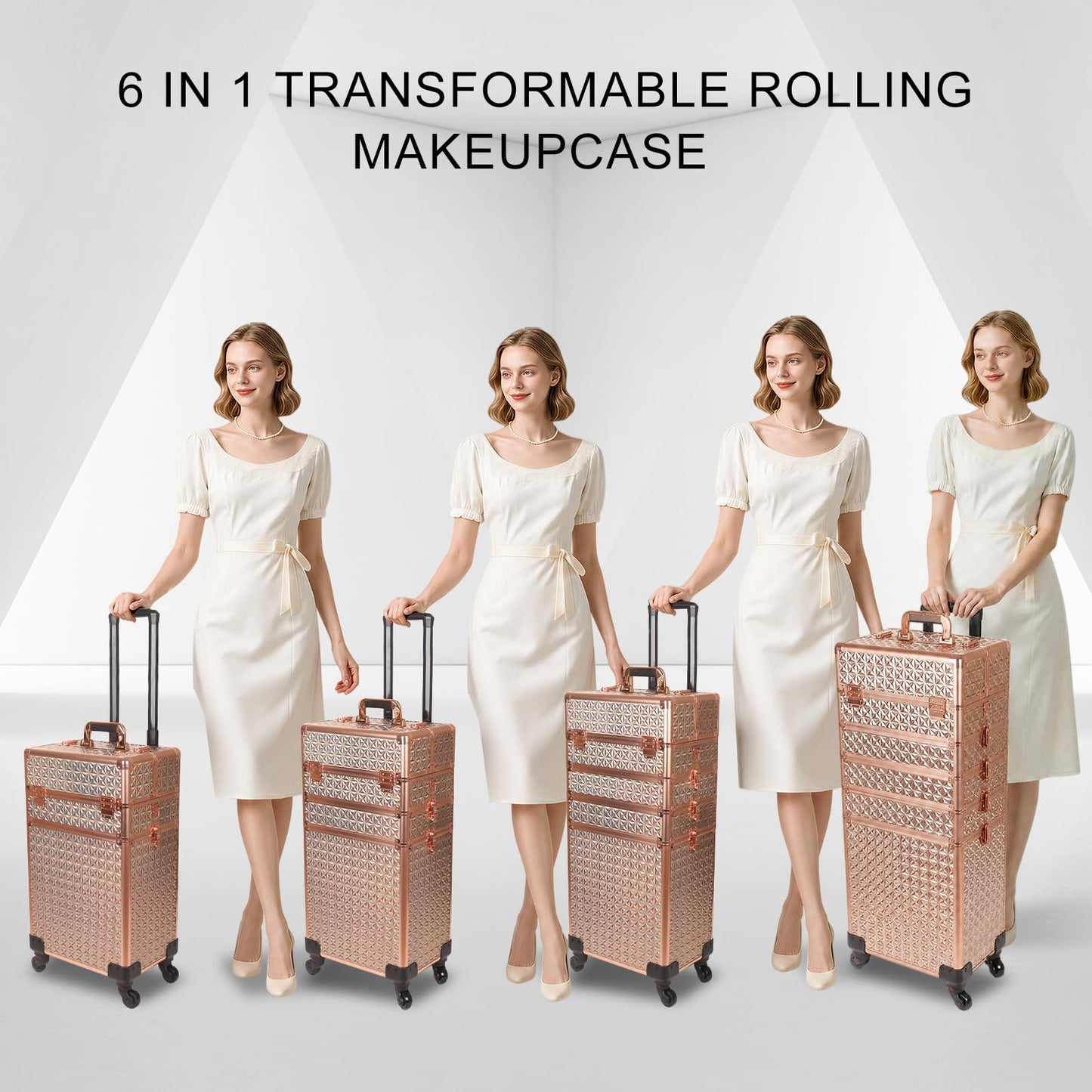 Yujesyde Rolling Makeup Train Case 6 in 1 with Mirror & Lock, Professional Makeup Travel Case, Large Cosmetic Organizer for Cosmetologists & Nails, Bonus 4 Replacement Wheels (6, Gold Holographic)
