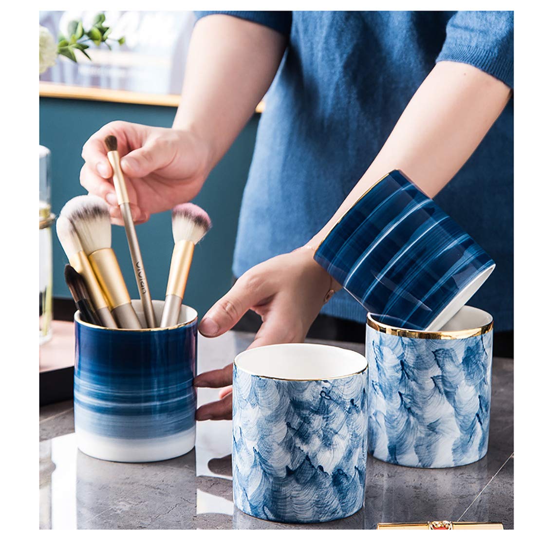Ceramic Pen Holder Stand Cup Pencil Organizer Makeup Brush Holders for Home Office Desk (B)