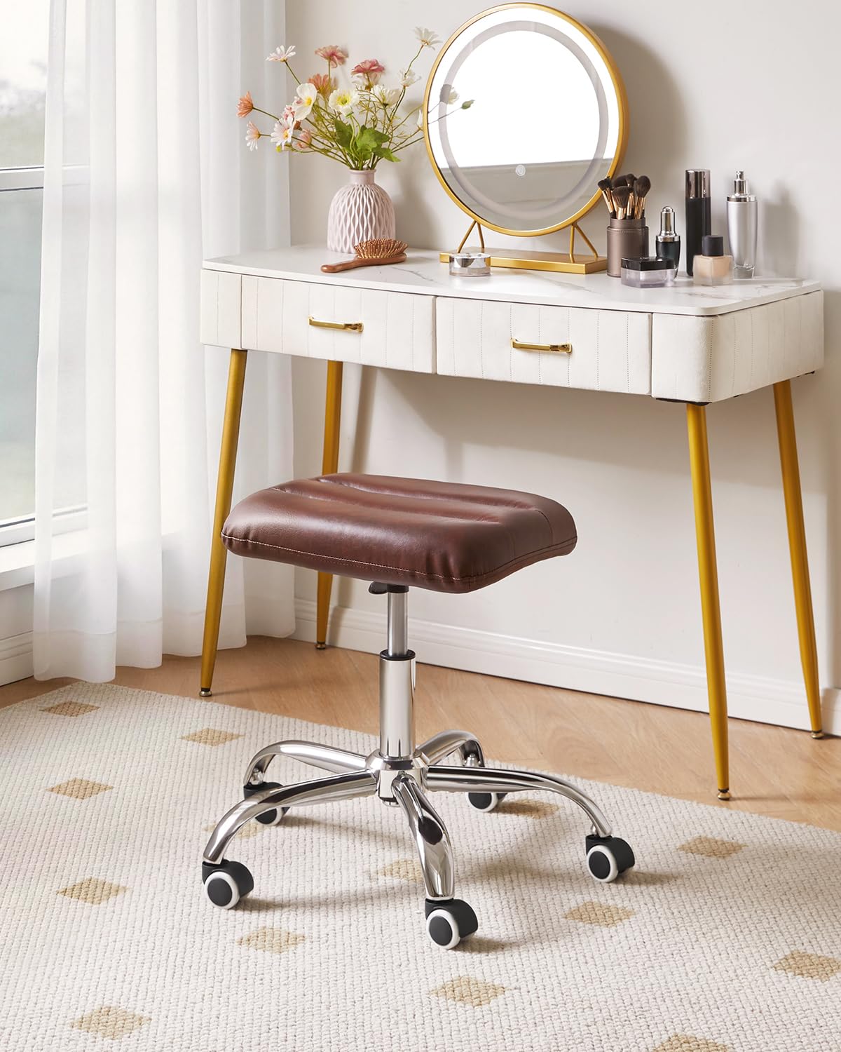 IBUYKE Adjustable Swivel Rolling Stool with Wheels, 18.5"-22.8" Multi-Purpose Vanity Chair for Massage, Tattoo, Barber, Pedicure, Nail Tech & Salon Use, Dark Brown WBD029Z