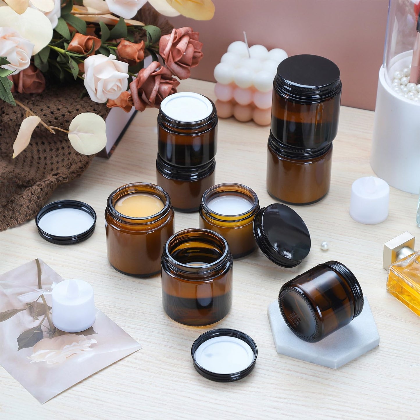 RAMFIYN 2oz Empty Amber Glass Jars with Lids 24 Pack Cosmetic Containers with Lids for Travel Lotion Cream Candle