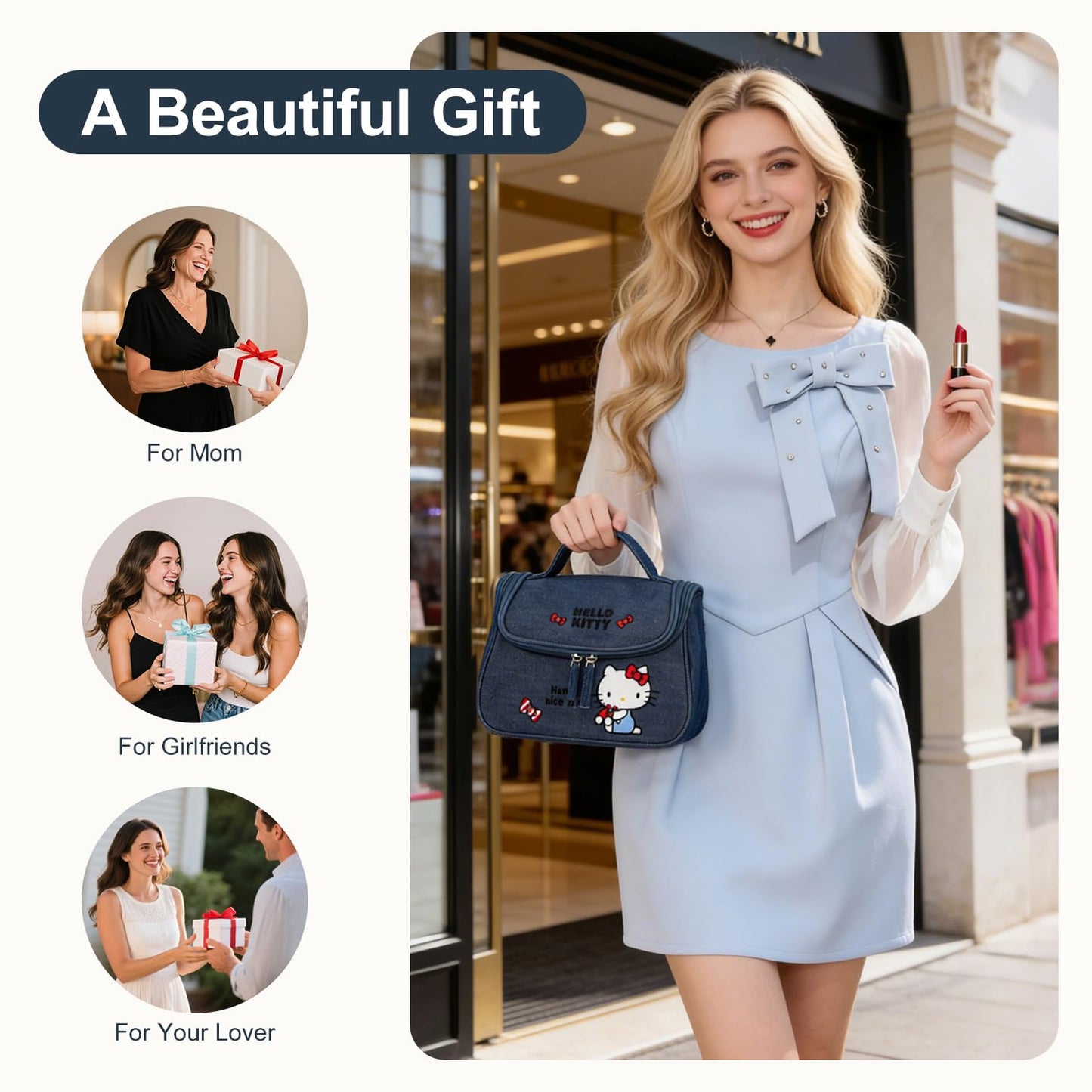 AmBealla Makeup Bag Large Denim Cosmetic Bags,Cute Embroidered Makeup Organizer for Women Traveling,Portable Toiletry Bag for Girls