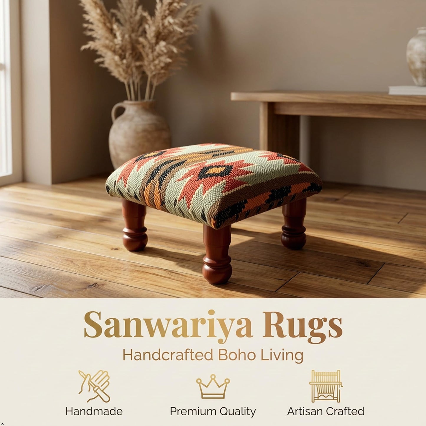 Sanwariya Rugs Kilim Upholstered Ottoman Foot Bench Acacia Wood Tribal Pattern