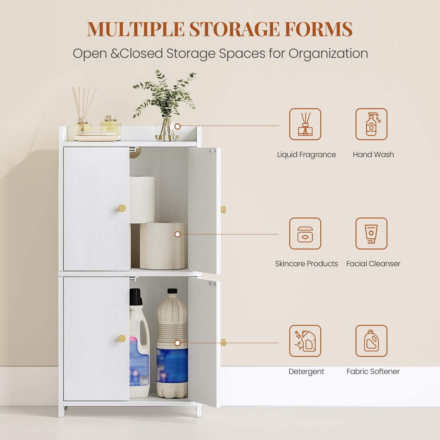 HEXCELEN Small Storage Cabinet, Bathroom Storage Cabinet with 4 Doors, Floor Bathroom Organizer Freestanding for Small Spaces, Living Room, Kitchen, Entryway (Modern Minimalism, White)
