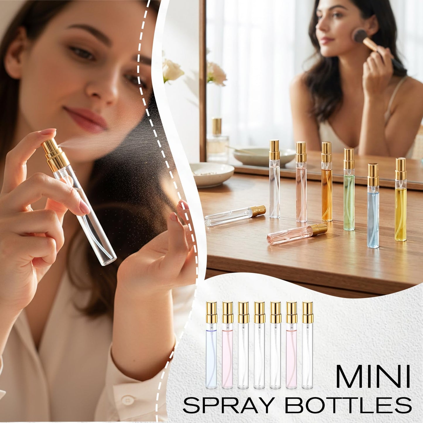 IMengjbang 50Pcs 10ml Mini Spray Bottles, Empty Clear Glass Mist Spray Bottle Refillable Mini Perfume Atomizer Travel Sample Bottle Lids Fine Mist Perfume Atomizer Makeup Container