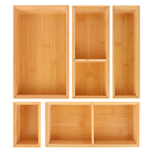Bxngjuj Bamboo Drawer Organizer,5 PCS Silverware Organizer & Kitchen Organizers and Storage,Utensil Drawer Organizer With Removable Dividers for Kitchen,Utensils,Bathroom,Office,Makeup(Natural)