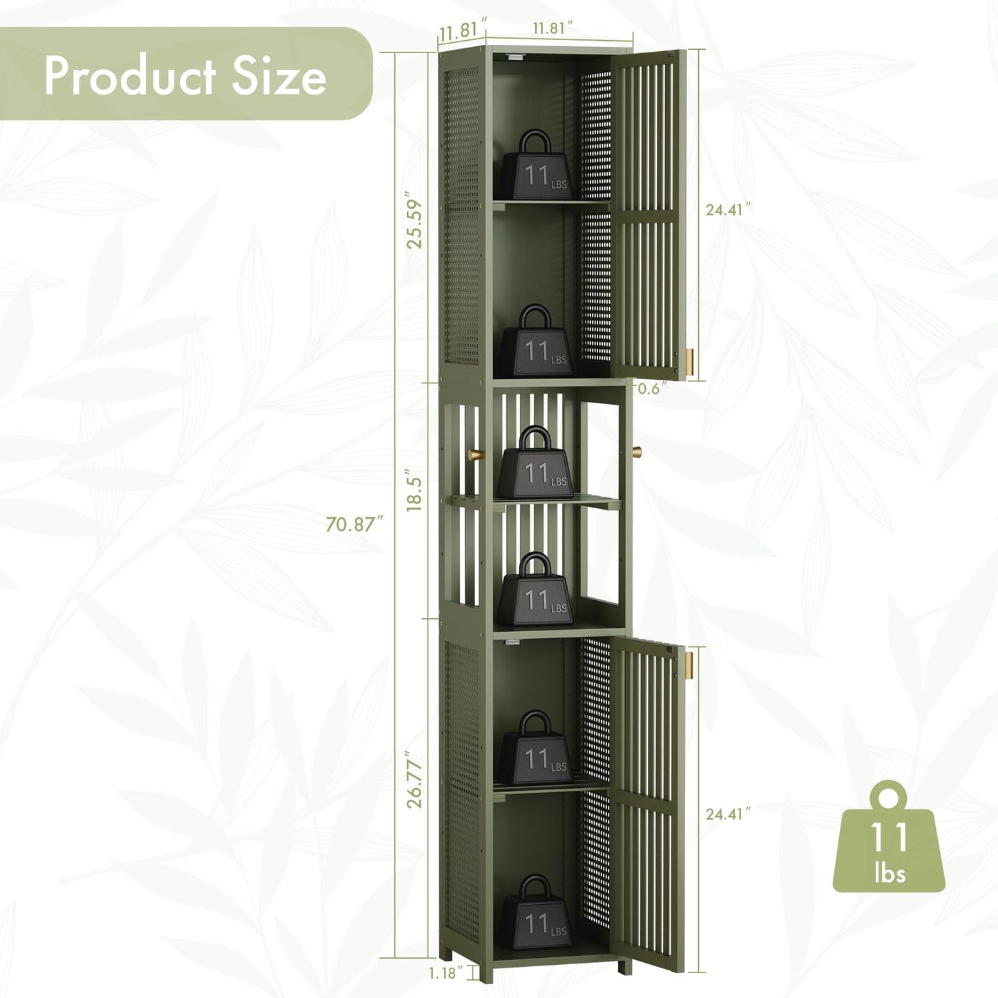 Amazer Tall Bathroom Storage Cabinet 70'', Freestanding Cabinet Storage with Rattan Door and Adjustable Shelves, Bamboo Narrow Storage Cabinet Organizer for Living Room Kitchen, Forest Green