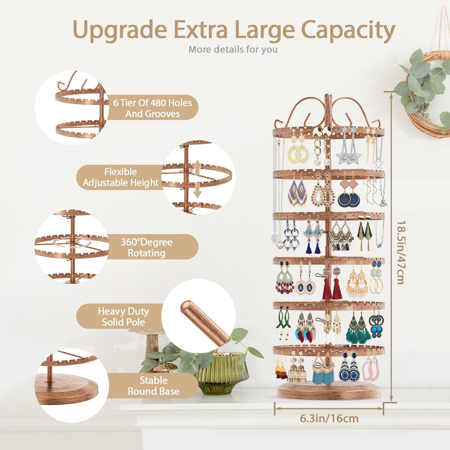 LASZOLA 6 Tier Bronze Earring Holder Organizer Tree Women Display Storage for Stud and Hoop, Large Cool Rotating Clip Stand for Pierced and Dangle Earring, Vertical Metal Tower Carousel with 480 Holes