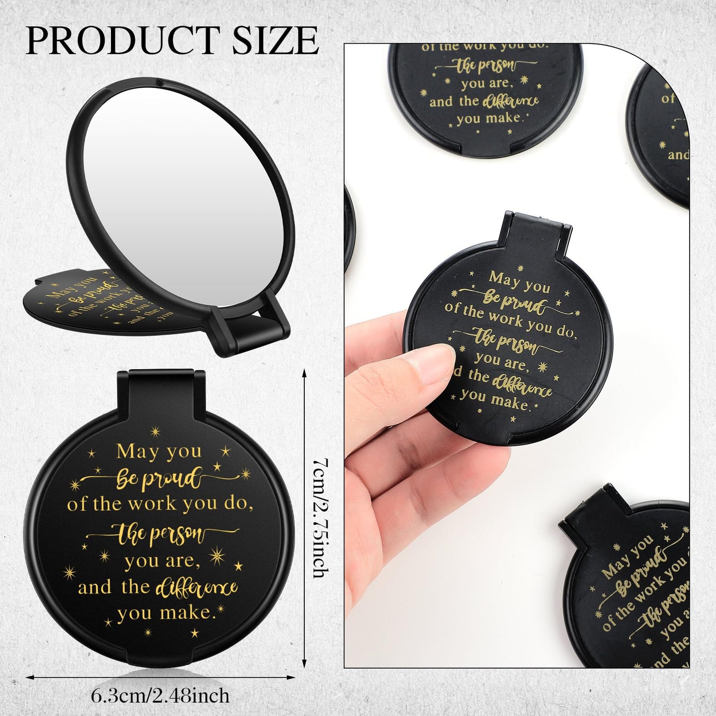 Huwena 100 Pcs Inspirational Compact Mirror Bulk Mini Gifts Women Round Purse Pocket Mirror, Mothers Day Employee Appreciation Gifts, Wedding Party Favors for Guests(Black,Proud)