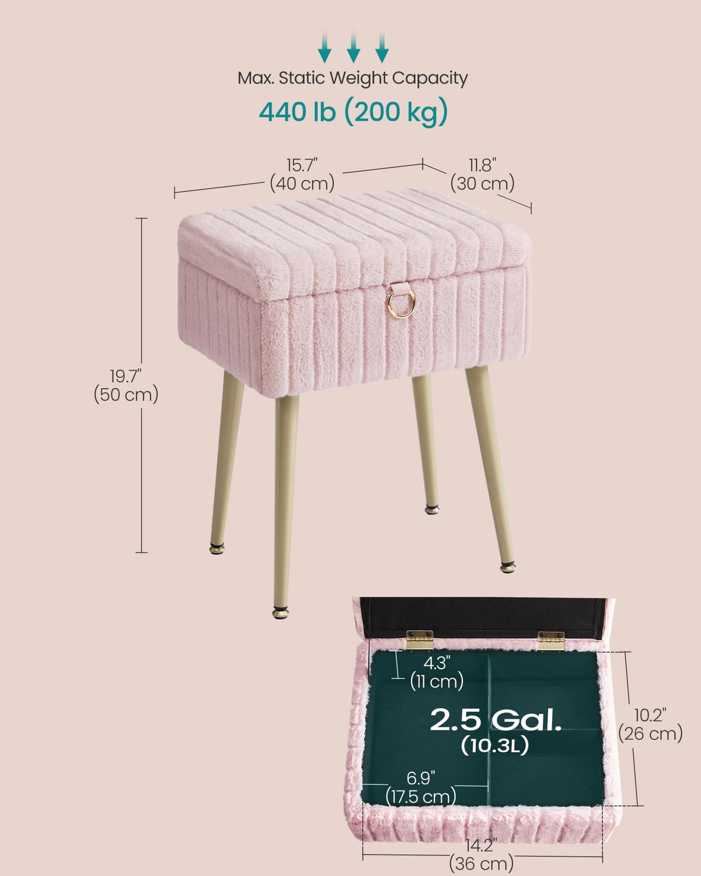 SONGMICS Vanity Stool Chair Faux Fur with Storage, Vanity Bench, Metal Legs, Adjustable Feet, for Living Room, Bedroom, Makeup Room, Jelly Pink ULOM505SZ02