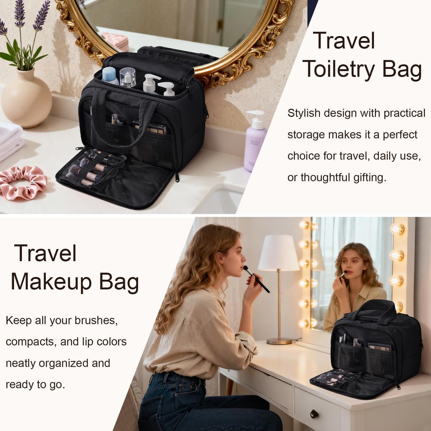 Bagstellar Travel Toiletry Bag for Women, Lightweight Large Quilted Puffy Makeup Bag Wide-open Make up Organizer Cloud Cosmetic Bag w/Handle for Traveling, Toiletries, Essentials, Accessories, Black