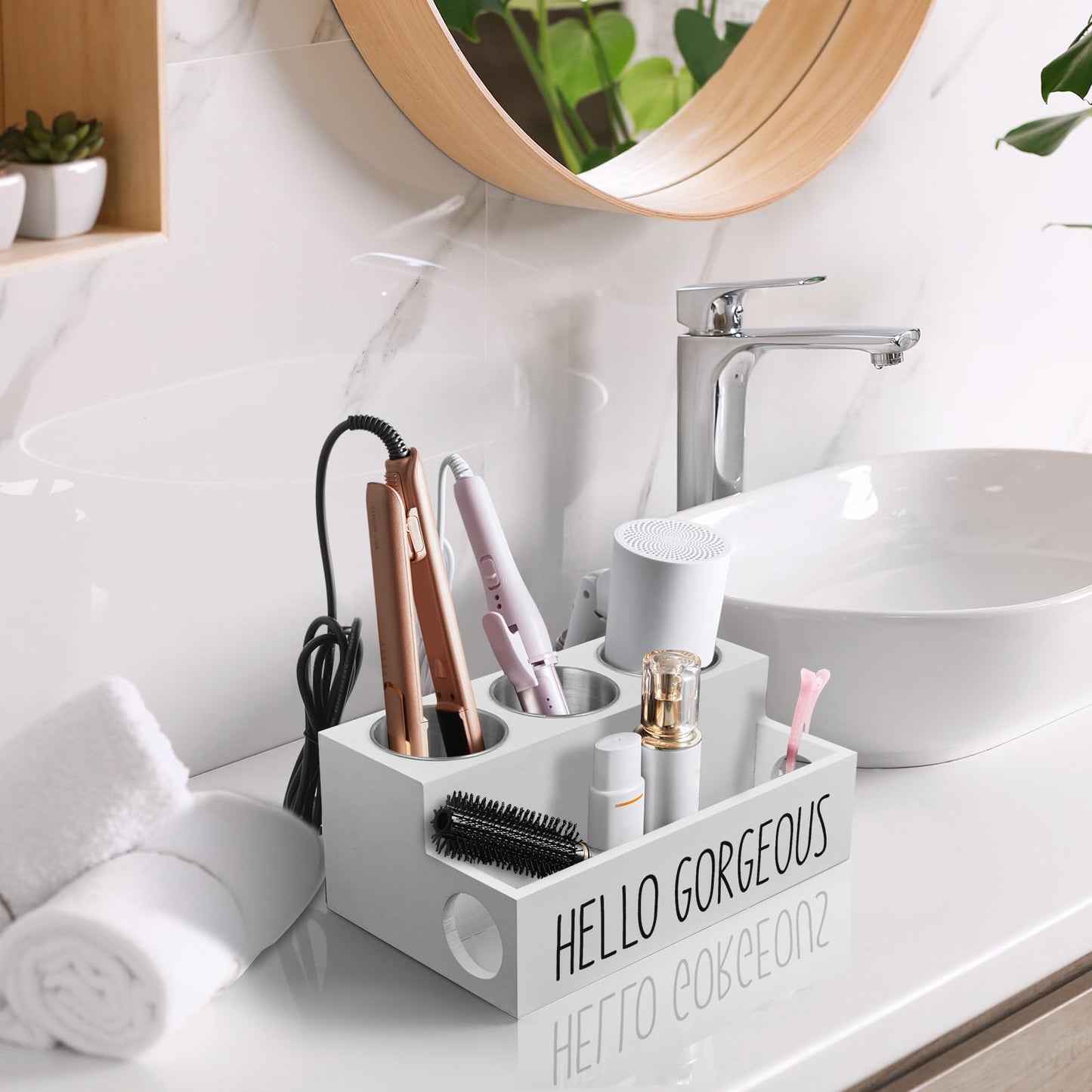 Bivvclaz Hair Tool Organizer, Wooden Hair Dryer Holder Countertop, Wall Mount Hot Tools Organizer for Hair Styling Accessories, Bathroom Supplies Vanity Caddy for Curling Wand, Blow Dryer, White