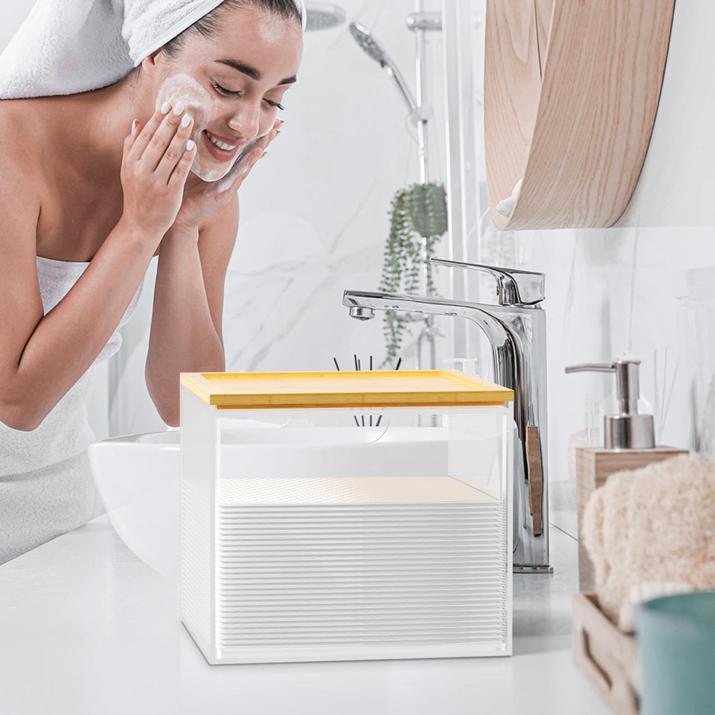 VITVITI Drawer Disposable Face Towel Holder Box, Acrylic Facial Towel Container for XL Clean Skin Club, Large Disposable Face Towels Storage with Bamboo Lid, for Bathroom, Vanity Makeup, Clear