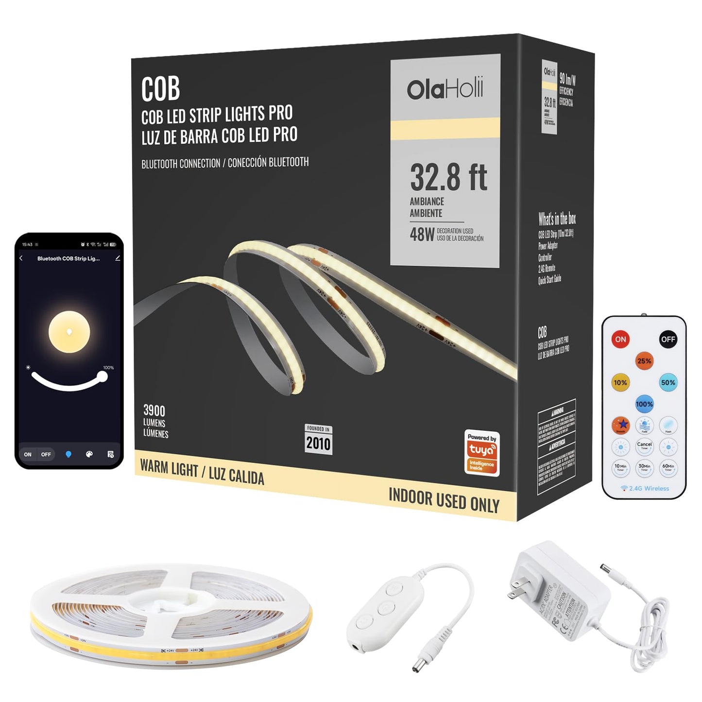 Olaholii 32.8ft Bluetooth White COB Led Strip Light with App, 3000K Ra93+ Dimmable Bright Warm White Led COB Strip Light, White Led Strip Light for Mirror, Stair, Cabinet, Room