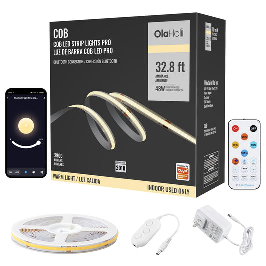 Olaholii 32.8ft Bluetooth White COB Led Strip Light with App, 3000K Ra93+ Dimmable Bright Warm White Led COB Strip Light, White Led Strip Light for Mirror, Stair, Cabinet, Room