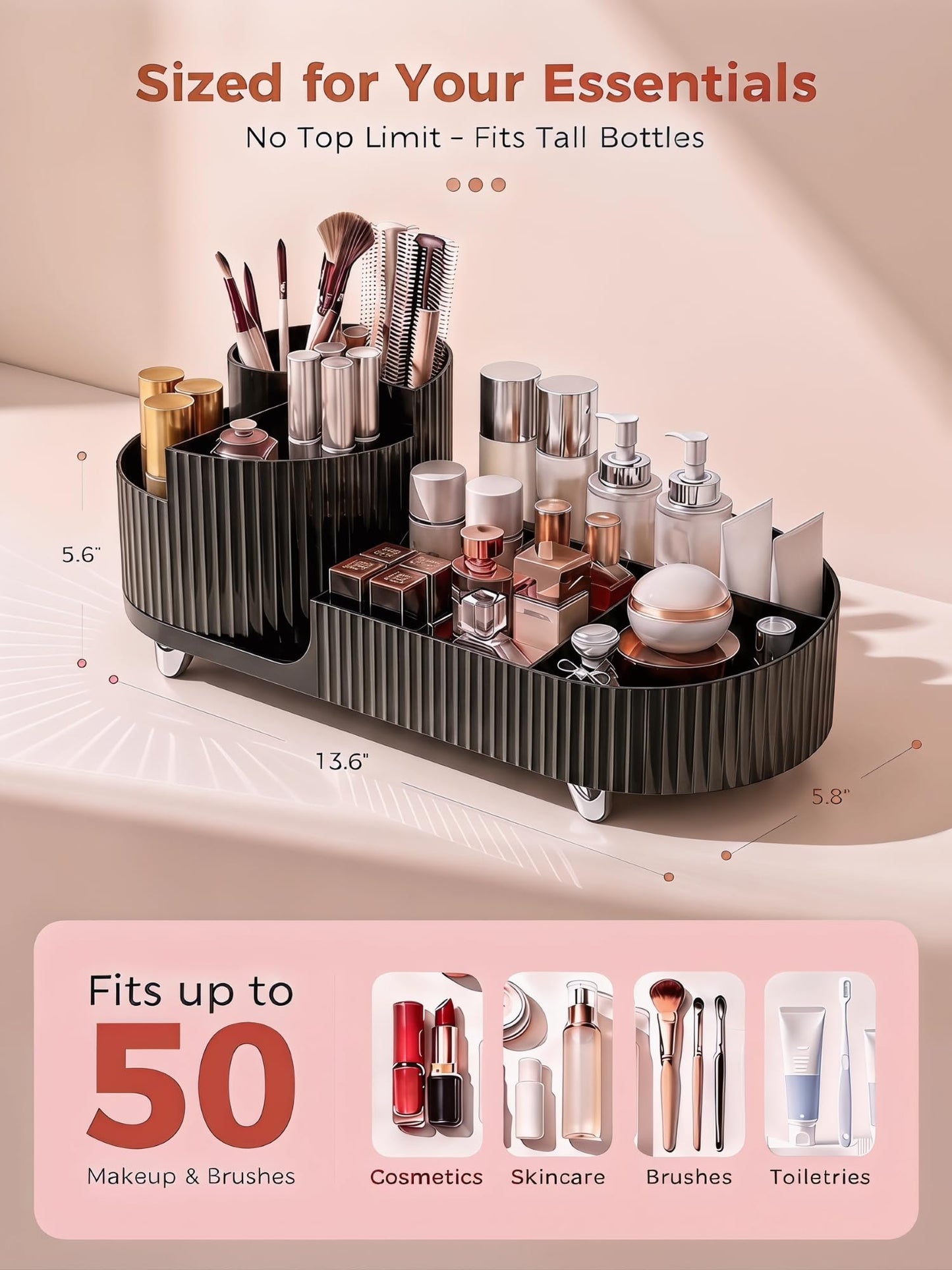 Booklov Rotating Makeup Caddy Organizer for Vanity, Large Capacity Cosmetic Display Case, Countertop Beauty Storage Holder for Skincare, Brush Eyeshadow Lipstick, Counter Desk Organization, Black