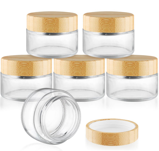 DMuuuDM Round Glass Jars,Empty Clear Glass Jar Holder with Bamboo Lids,Small Travel Cosmetic Jars for Moisturizer,Foundation,Lotion,Ointment,Body Butter&Balms,Candle Making-6 Pcs (100 Gram)