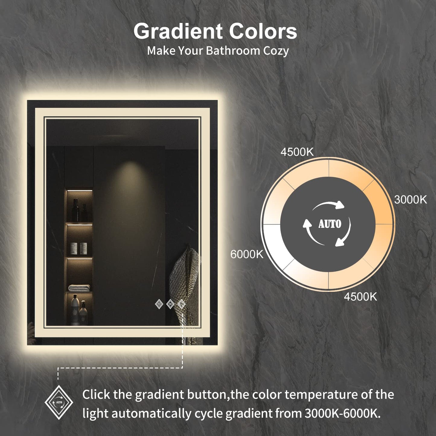 VanPokins LED Bathroom Mirror, 24x32 Inch Gradient Front and Backlit Vanity Mirror with Lights, 3 Colors Dimmable CRI>90, IP54 Enhanced Anti-Fog, Hanging Plates Bathroom Mirror with Lights