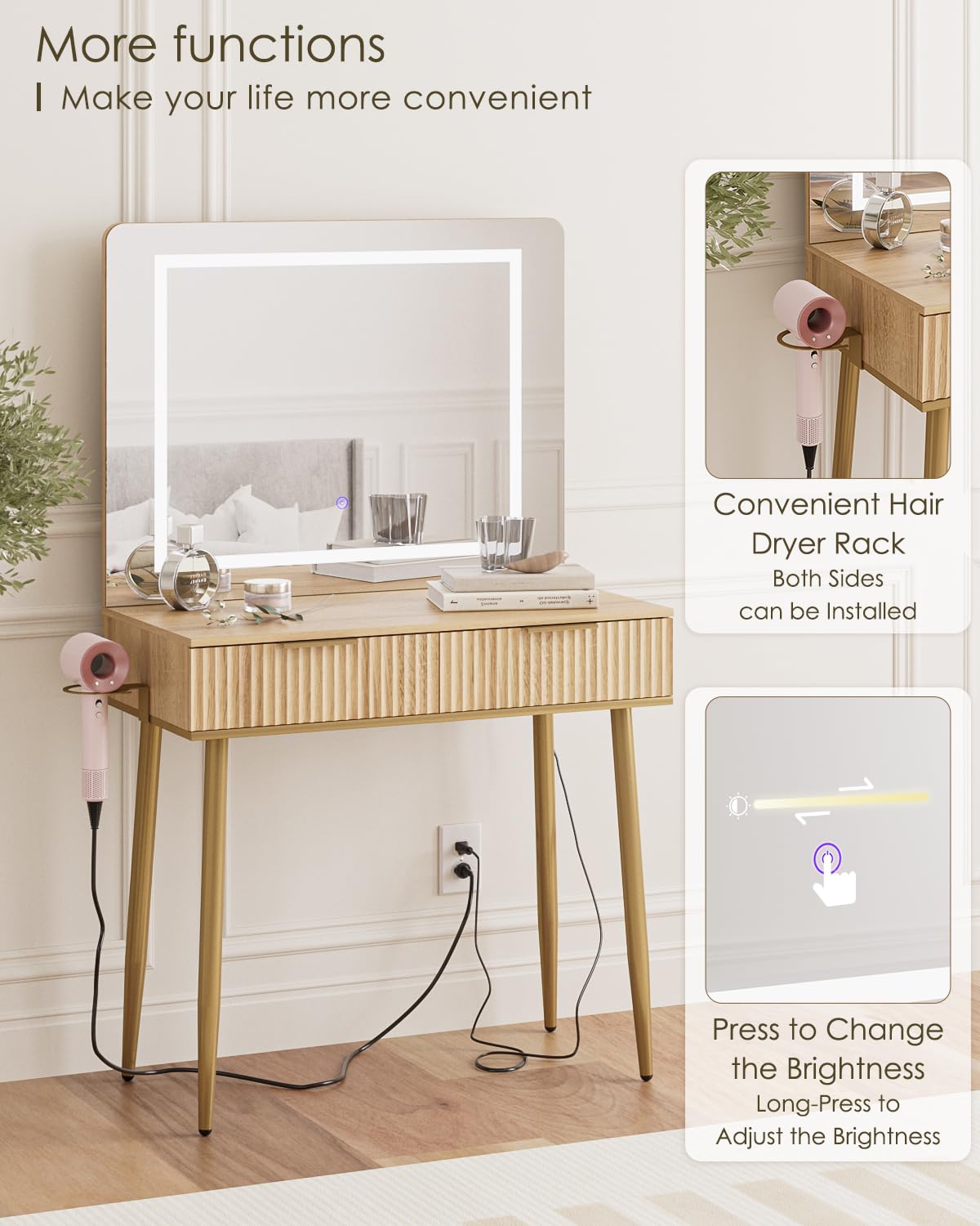 Apetaccat Vanity Desk with Large Mirror and Lights, Small Makeup Vanity Table with 2 Drawers, Dressing Table with 3 Adjustable Lighting Color, Small Makeup Desk for Bedroom, Natural with Gold Leg
