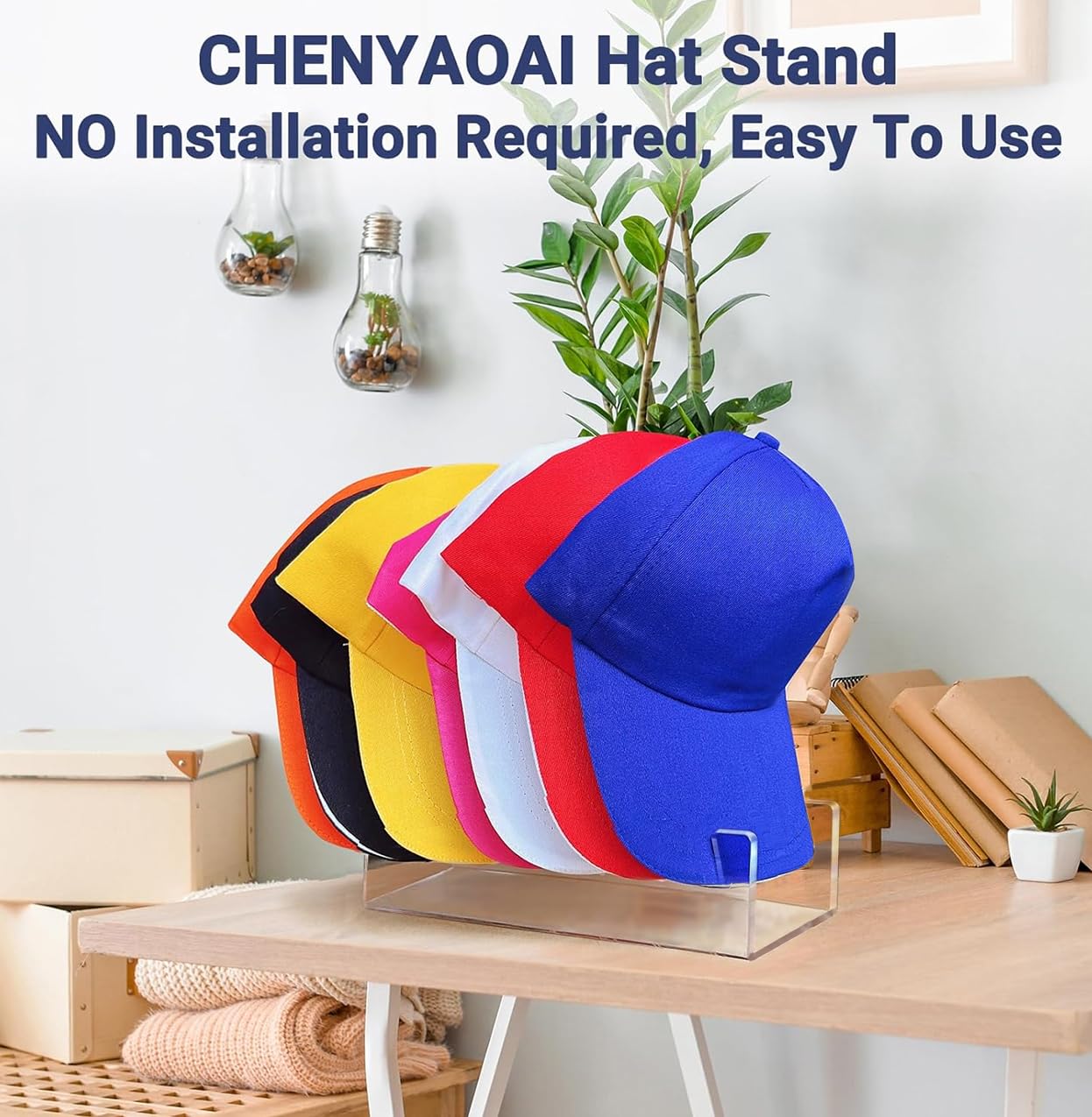 CHENYAOAI Hat Organizer for Baseball Caps, 2 Pcs No Install Acrylic Hat Stand for 14 Baseball Caps, Hat Racks for Caps Display and Organizer for Bedroom, Closet, Dresser, Office, Hat Holder