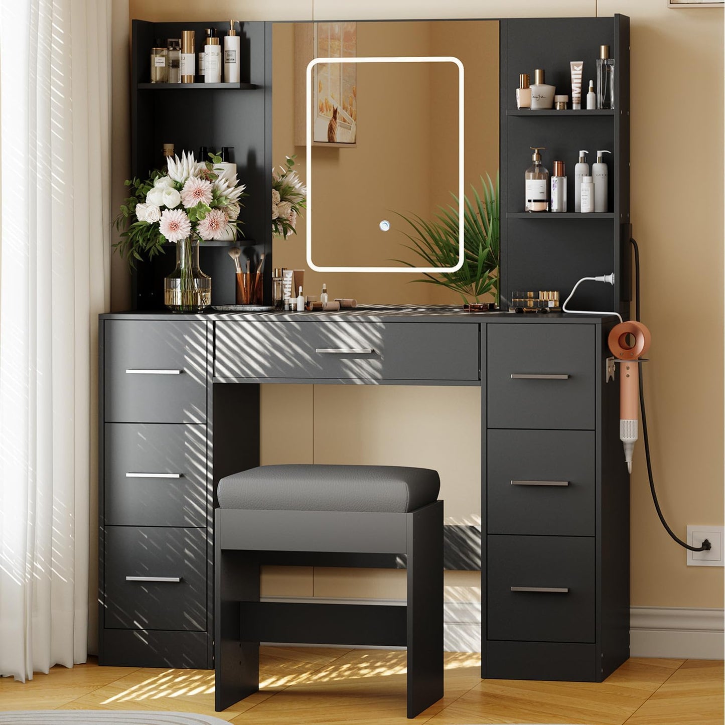 GAOMON Makeup Vanity with Mirror and Chair, Power Outlet, Hairdryer Holder, 7 Drawers, 3 Lighting Modes Brightness Adjustable Dressing Table for Bedroom
