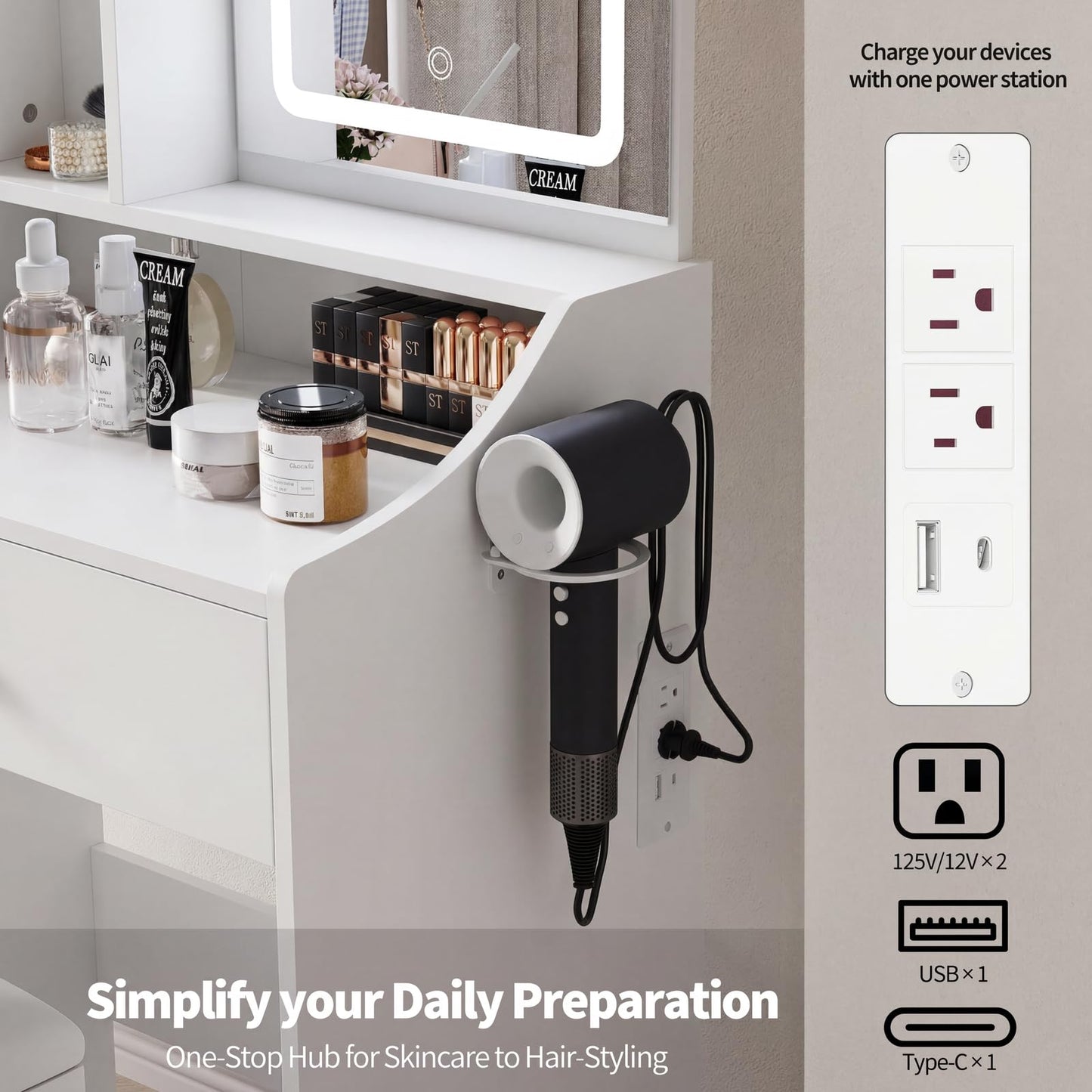 HAPPYMONT Small Vanity Desk with LED Light Mirror and Storage Bench, White