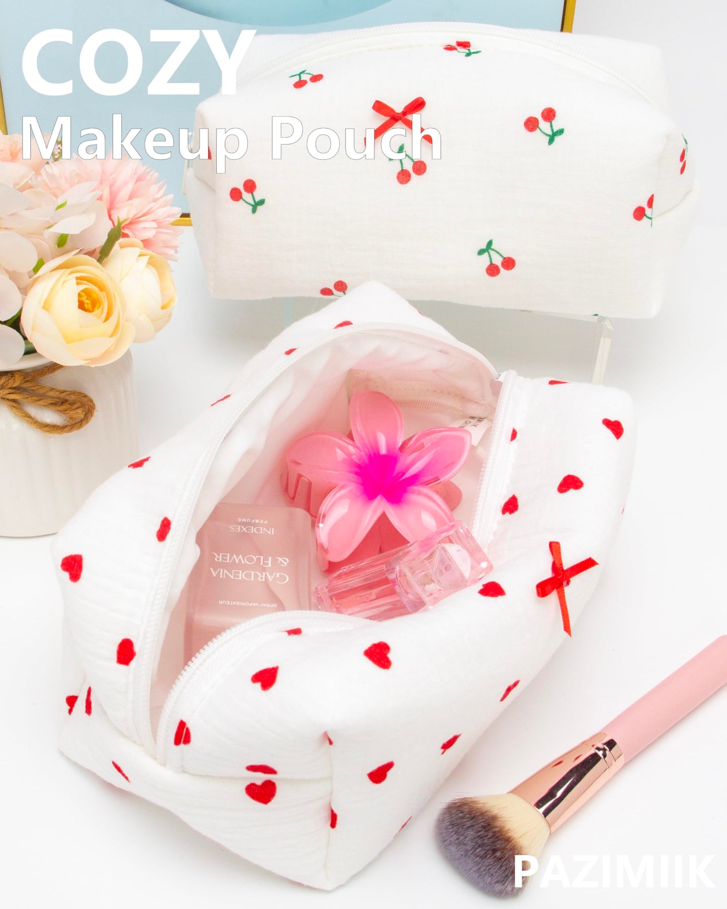 PAZIMIIK 6PCS Cozy Makeup Bag Small Aesthetic Travel Zipper Cosmetic Pouch for Women Make Up Beauty Accessories Brushes,Heart Red