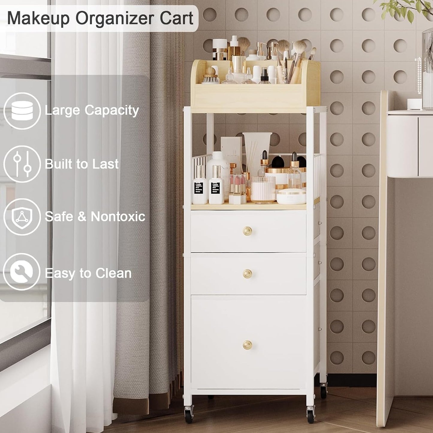 Makeup Organizer Cart with Drawers, Make up Organizers for Vanity, Floor Skincare Organizers- for Cosmetics, Nail Polish, Art Supply, Bathroom Vanity Desktop Organizer (White)