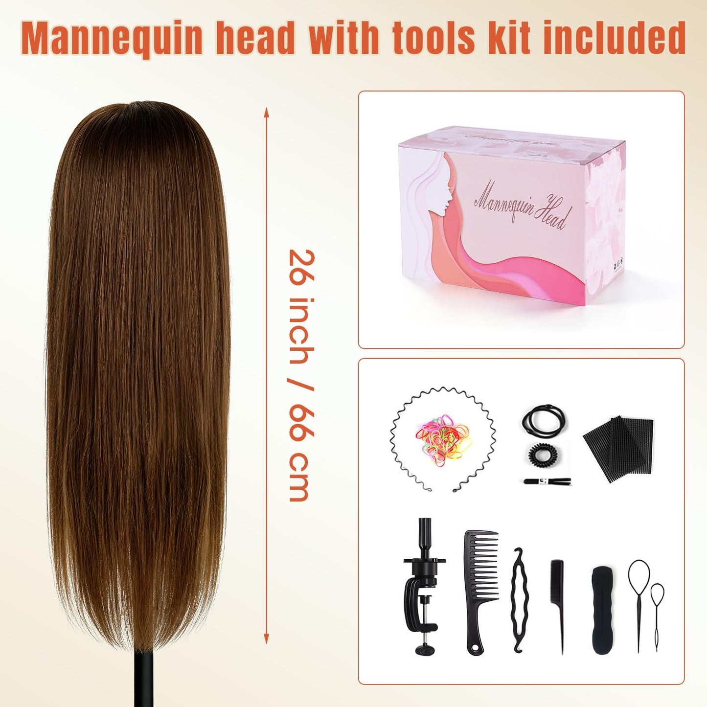 26''Real Hair Mannequin Head,TopDirect 100% Amber Brown Hairdresser Cosmetology Mannequin Doll Head Styling,Manikin Heads Hairs Braiding DIY Styling with Clamp Holder and Tools Set