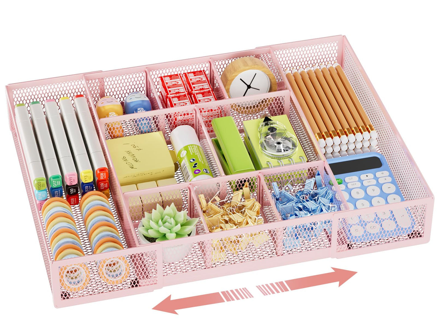 Marbrasse Expandable Desk Drawer Organizer, Mesh Tray with 10 Adjustable Compartments, Desk Organizers for Office Supplies, Makeup & Vanity (Expandable-Pink)
