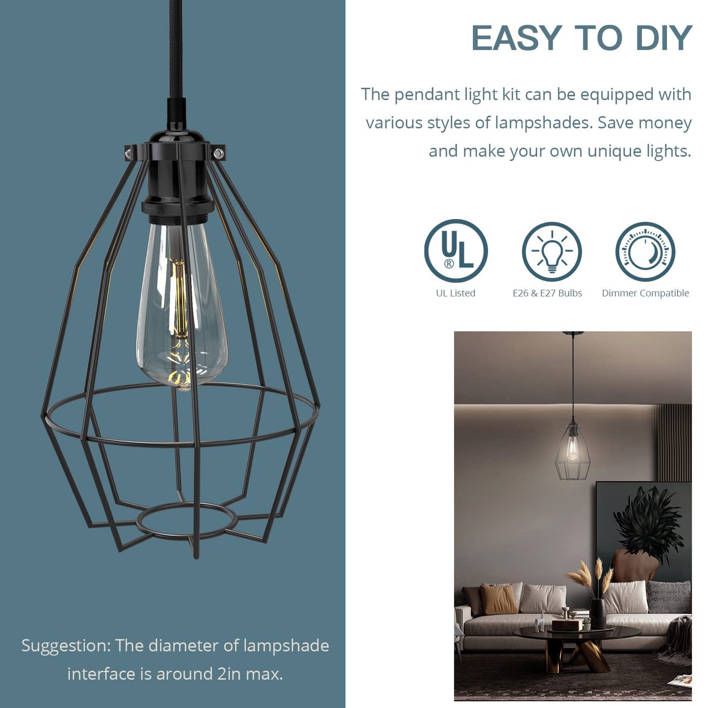 JACKYLED Pendant Light Kit UL Canopy Kit Copper Socket E26 E27 Lampholder Black Woven Fabric Pendant Light Cord Adjustable Ceiling Lighting (Pearl Black)