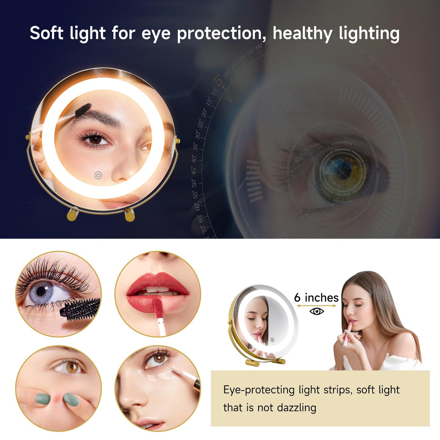 taotanra-Gold Makeup Mirror with controllable Color-Changing Light, Placed on the Table, 360° Rotation - Large Size