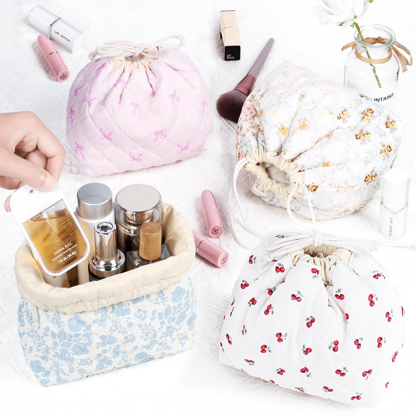 Playexen Drawstring Makeup Bag, Coquette Small Cosmetic Bag for Purse, Portable Cute Travel Makeup Pouch for Women Daily Use/Birthday/Party/Christmas (Pink Bunny)
