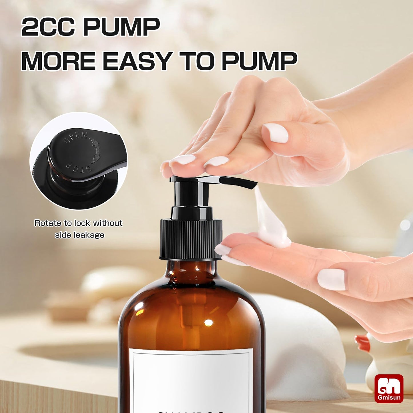 GMISUN Glass Shampoo and Conditioner Dispenser, Shower Soap Dispenser Bottles with Labels, Refillable Shampoo Conditioner Body Wash Dispensers, Amber Glass Soap Pump Dispenser Set for Bathroom Shower